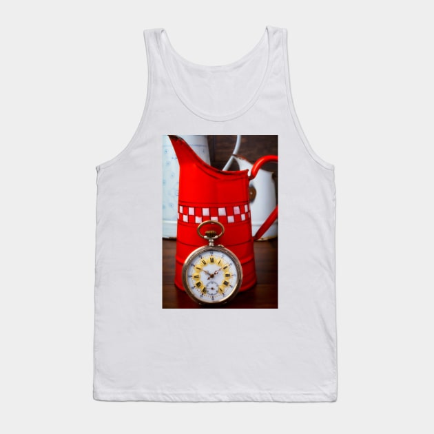 Beautiful Pocket Watch Against Red Pitcher Tank Top by photogarry